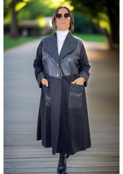 Deri Garni Detaylı Torba Cep Astarsız Süet Deri Büyük Beden Kadın Kap Ceket