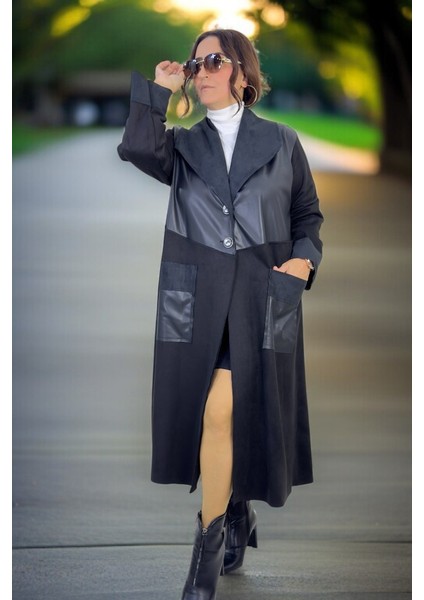 Deri Garni Detaylı Torba Cep Astarsız Süet Deri Büyük Beden Kadın Kap Ceket modelleri