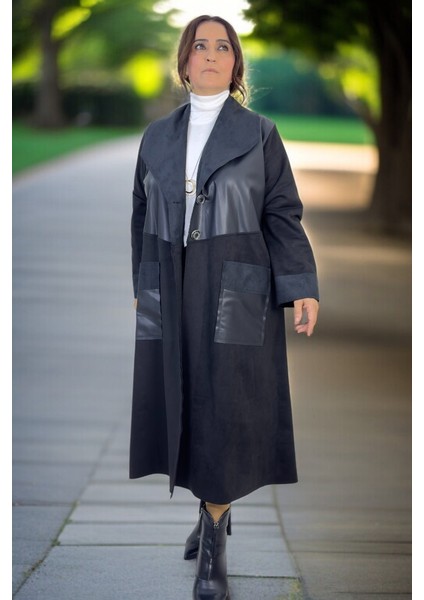 Deri Garni Detaylı Torba Cep Astarsız Süet Deri Büyük Beden Kadın Kap Ceket indirimleri