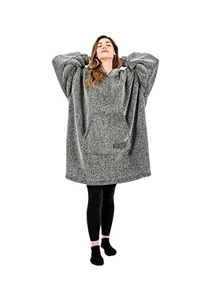 Oversize Giyilebilir Battaniye Tek Beden Çok Rahat Hoodie Peluş Kapüşonlu Sweatshirt (Gri-Siyah) modelleri