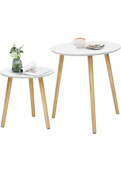 Yan Sehpa Seti, Yuvarlak, 2 Modern Kanepe Sehpası, Minimalist, Iskandinav Tarzı, Masif Ahşap Ayaklar, Oturma Odası ve Balkon Için Sehpa Kombinasyonu, Çam LET07WN