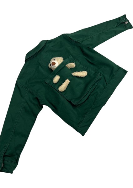 Kız Çocuk /erkek Çocuk Sırtı Ayıcık Detaylı Düğme Kapamalı Petrol Yeşili Renk Ceket