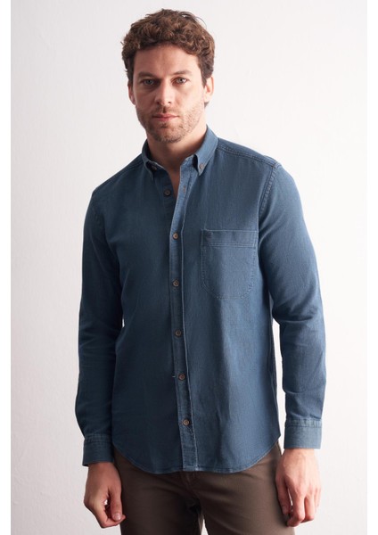 Lacivert - Yeşil Uzun Kol Düğmeli Yaka Kendinden Desenli %100 Pamuk Slim Fit Gömlek 1004255199