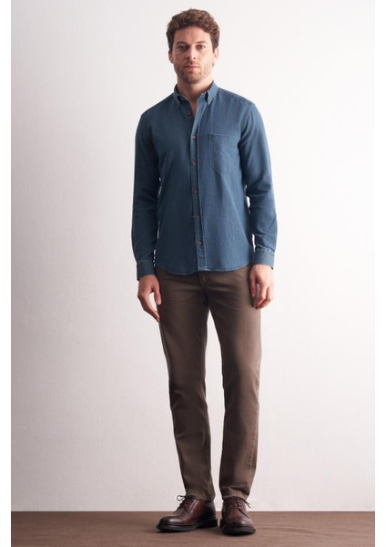 Lacivert - Yeşil Uzun Kol Düğmeli Yaka Kendinden Desenli %100 Pamuk Slim Fit Gömlek 1004255199 fiyatları