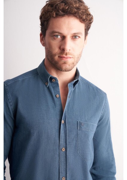 Lacivert - Yeşil Uzun Kol Düğmeli Yaka Kendinden Desenli %100 Pamuk Slim Fit Gömlek 1004255199 fırsatları