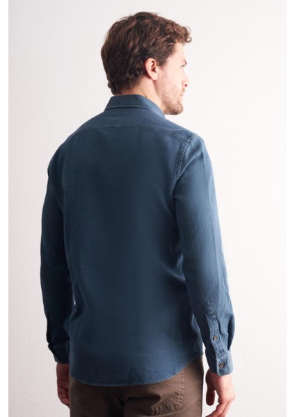 Lacivert - Yeşil Uzun Kol Düğmeli Yaka Kendinden Desenli %100 Pamuk Slim Fit Gömlek 1004255199 indirimleri