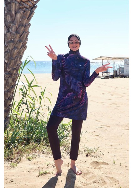 HSM-3022 Elçin Palmiye Desenli Likralı Tam Tesettür Mayo