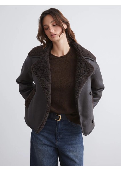 Vision Kürk Yaka Peluş Astarlı Oversize Kahverengi Kadın Süet Mont