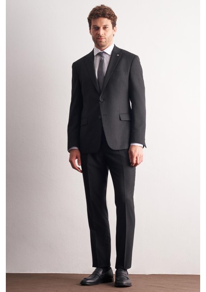 Siyah - Gri Kırlangıç Yaka Çizgili Desen Esnek 6 Drop Slim Fit Classic Takım Elbise 1001255161