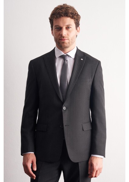 Siyah - Gri Kırlangıç Yaka Çizgili Desen Esnek 6 Drop Slim Fit Classic Takım Elbise 1001255161 fiyatları