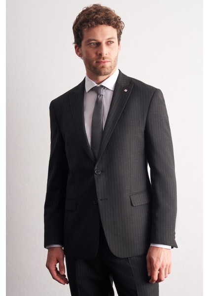 Siyah - Gri Kırlangıç Yaka Çizgili Desen Esnek 6 Drop Slim Fit Classic Takım Elbise 1001255161 modelleri