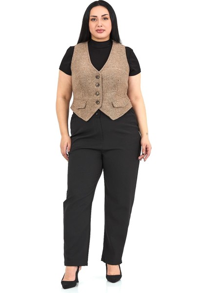 Büyük Beden Düğme Kapamalı Cep Kapaklı Astarlı Kısa Balıksırtı Vizon Yelek