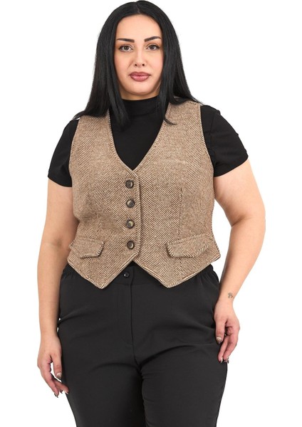 Büyük Beden Düğme Kapamalı Cep Kapaklı Astarlı Kısa Balıksırtı Vizon Yelek fiyatları