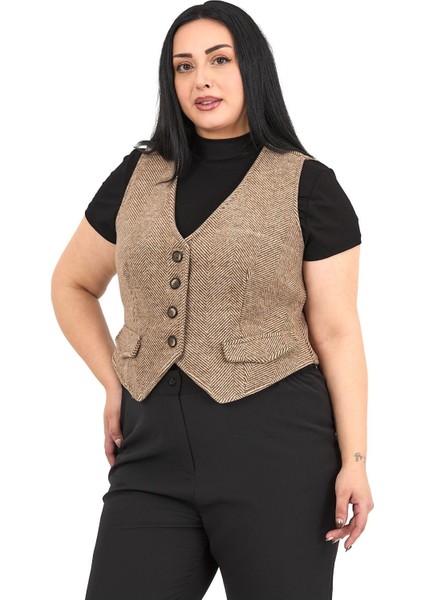 Büyük Beden Düğme Kapamalı Cep Kapaklı Astarlı Kısa Balıksırtı Vizon Yelek indirimleri