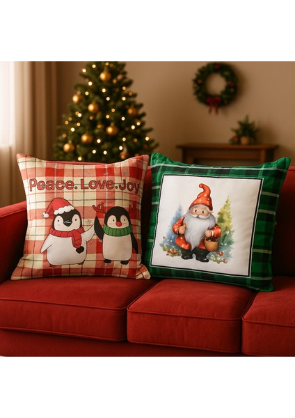 Yılbaşı Temalı 2li Kadife Kırlent Kılıfı 43X43 cm Nakış Görünümlü Set Dijital Baskılı