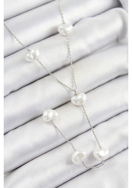 Pirinç Incili Kalp Figürlü Y Model Gümüş Renk Kadın Kolye