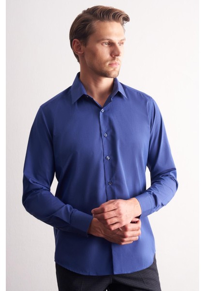 Açık Lacivert Sert Yaka Filafil Desen Uzun Kol Slim Fit Pamuklu Gömlek 1004255181