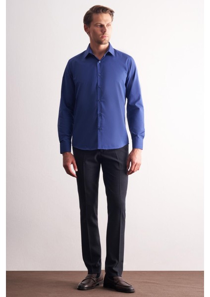 Açık Lacivert Sert Yaka Filafil Desen Uzun Kol Slim Fit Pamuklu Gömlek 1004255181 fiyatları