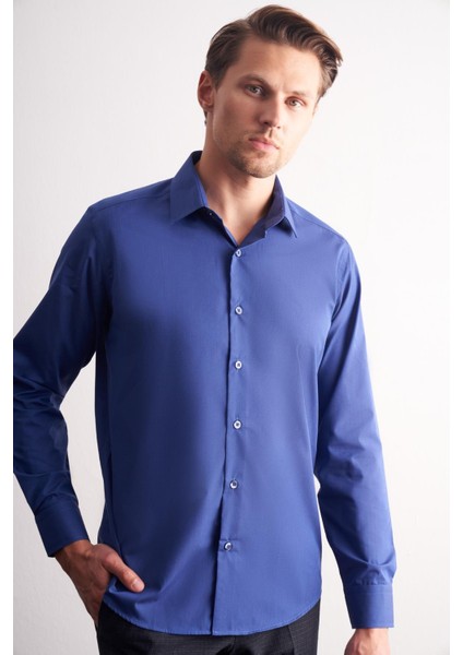 Açık Lacivert Sert Yaka Filafil Desen Uzun Kol Slim Fit Pamuklu Gömlek 1004255181 modelleri