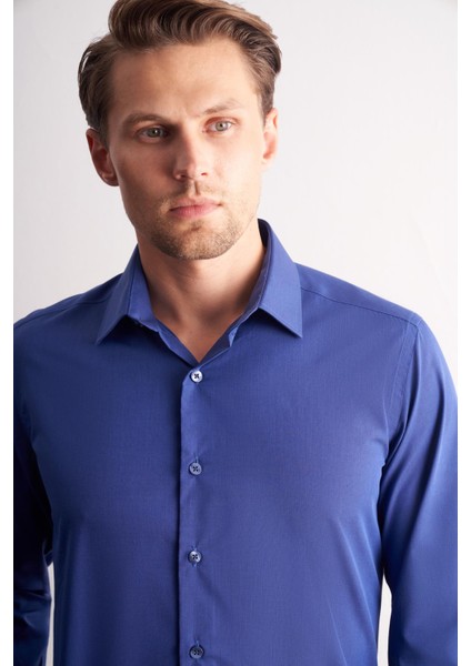 Açık Lacivert Sert Yaka Filafil Desen Uzun Kol Slim Fit Pamuklu Gömlek 1004255181 fırsatları