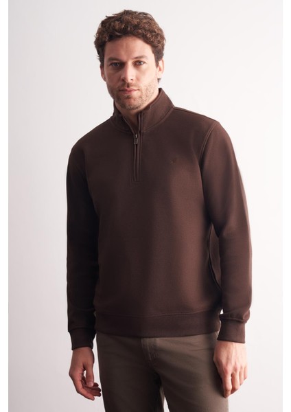 Kahverengi Uzun Kol Hakim Yaka Düz Pamuklu Comfort Fit Sweatshirt 1013255151