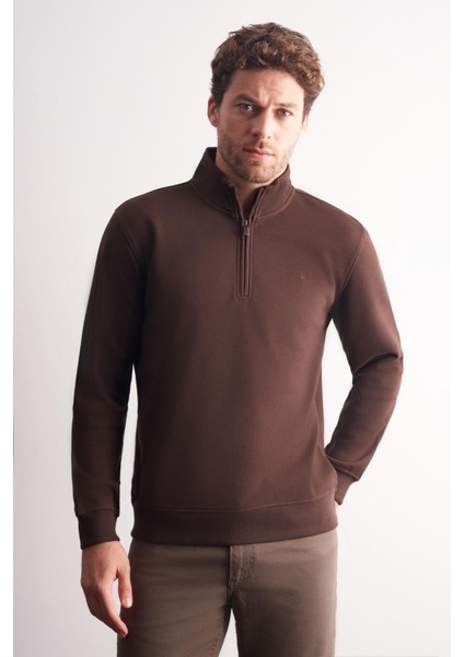 Kahverengi Uzun Kol Hakim Yaka Düz Pamuklu Comfort Fit Sweatshirt 1013255151 modelleri