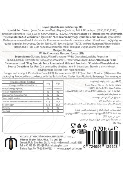 Saphori Beyaz Çikolata Aromalı Kokteyl Şurubu, Beyaz Çikolata Şurubu, White Chocolate, Kahve Şurubu 700 ml modelleri