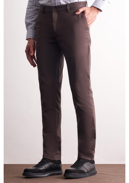 Koyu Kahverengi Yan Cep Düz Paça Pamuklu Slim Fit Chino Casual Pantolon 1003255165 modelleri