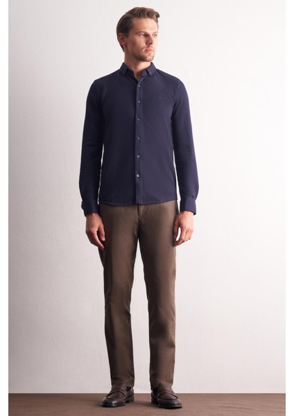 Lacivert Uzun Kol Düğmeli Yaka Kendinden Desenli Pamuklu Slim Fit Gömlek 1004255267 fiyatları