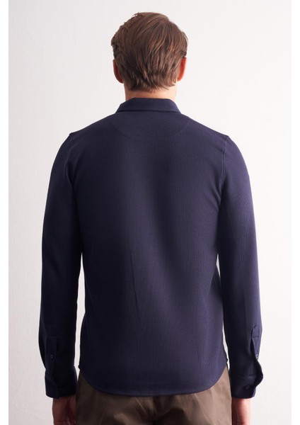 Lacivert Uzun Kol Düğmeli Yaka Kendinden Desenli Pamuklu Slim Fit Gömlek 1004255267 indirimleri