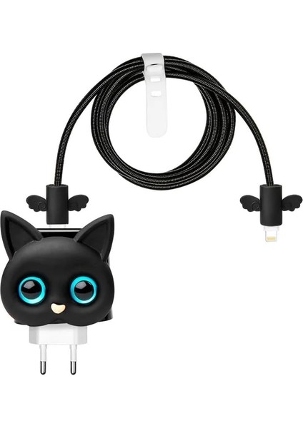 18W/20W ile Uyumlu Siyah Kedi Şarj Başlığı 3D Animasyon Şarj Başlığı ve Kablo Koruyucu Set