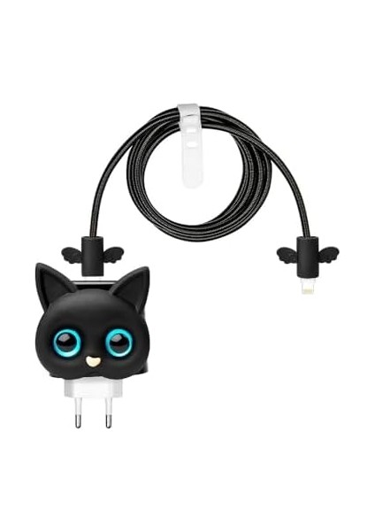 18W/20W ile Uyumlu Siyah Kedi Şarj Başlığı 3D Animasyon Şarj Başlığı ve Kablo Koruyucu Set modelleri