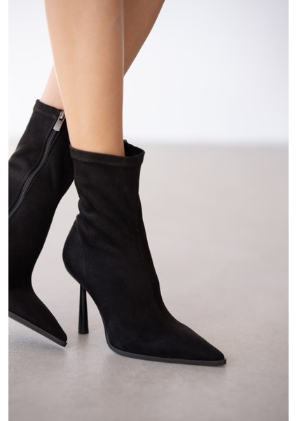 Loran Ince Topuklu Sivri Burun Streç Kadın Bot- Siyah Süet