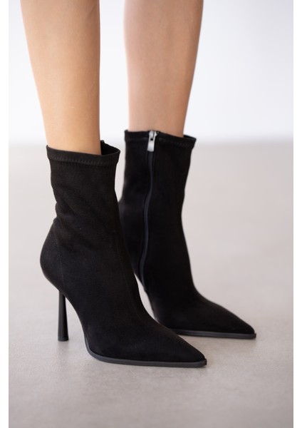 Loran Ince Topuklu Sivri Burun Streç Kadın Bot- Siyah Süet fiyatları