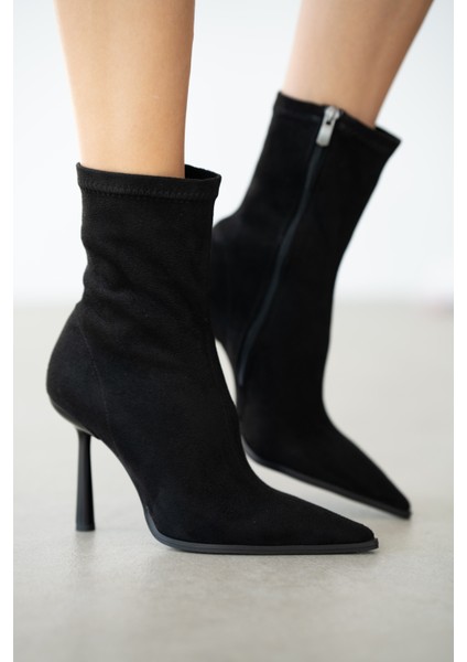 Loran Ince Topuklu Sivri Burun Streç Kadın Bot- Siyah Süet modelleri