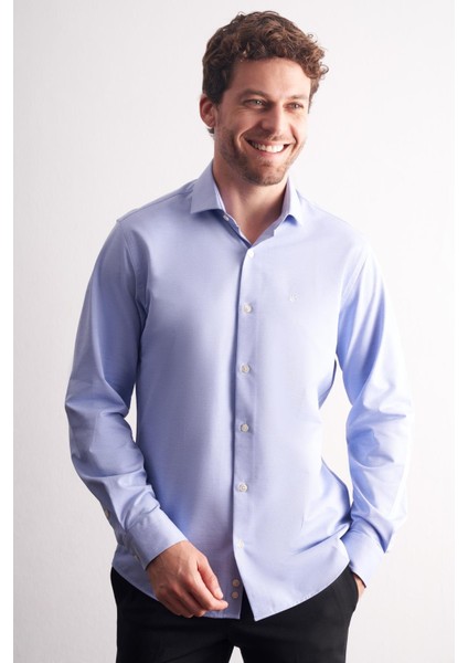 Mavi Yarım Italyan Yaka Uzun Kol Premium Slim Fit %100 Pamuk Gömlek 1004255194