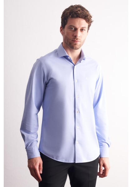 Mavi Yarım Italyan Yaka Uzun Kol Premium Slim Fit %100 Pamuk Gömlek 1004255194 modelleri