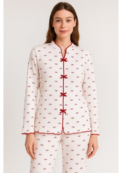 Kadın Kapadokya Kumaş Fitilli Kırmızı Fiyonk Desenli Pijama Takımı