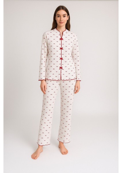 Kadın Kapadokya Kumaş Fitilli Kırmızı Fiyonk Desenli Pijama Takımı fiyatları
