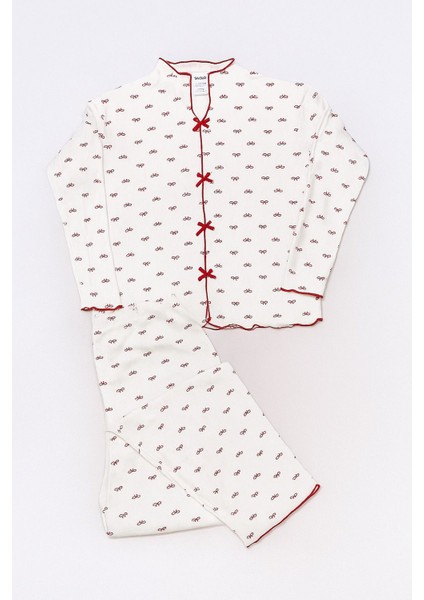 Kadın Kapadokya Kumaş Fitilli Kırmızı Fiyonk Desenli Pijama Takımı modelleri