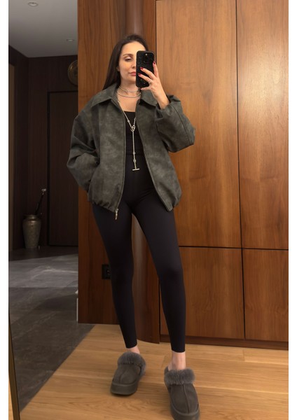 Premium Deri Bomber Ceket- Antrasit fırsatları