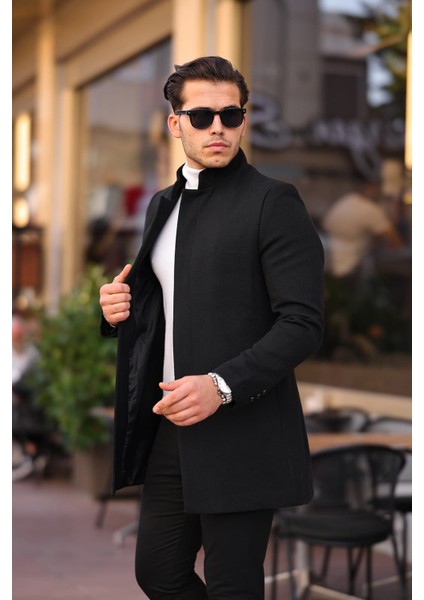 Erkek Siyah Slim Dik Yaka Kaşe Kaban