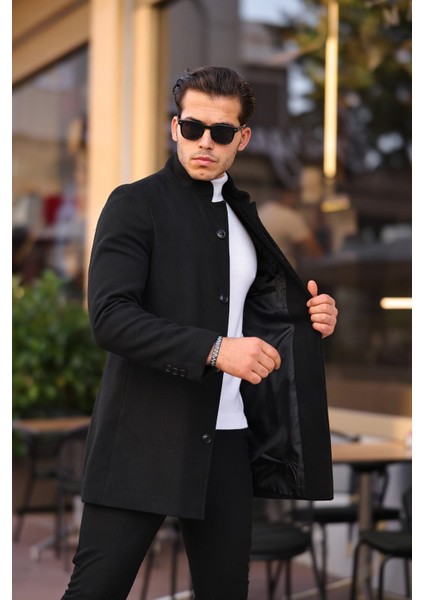 Erkek Siyah Slim Dik Yaka Kaşe Kaban fiyatları