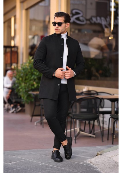 Erkek Siyah Slim Dik Yaka Kaşe Kaban modelleri