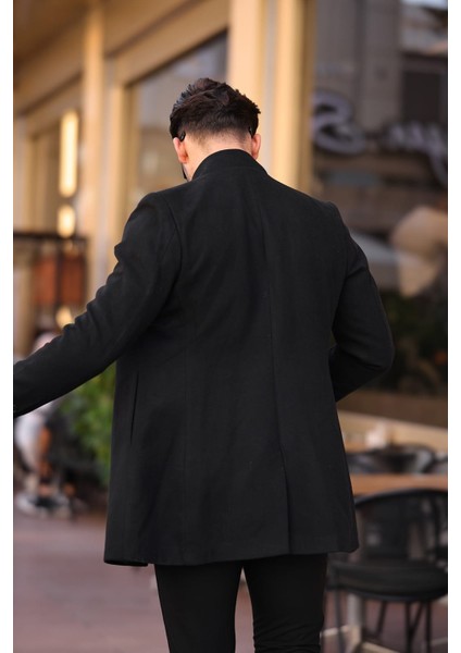 Erkek Siyah Slim Dik Yaka Kaşe Kaban fırsatları
