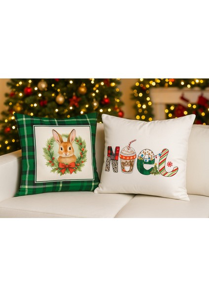 Çift Tarafı Baskılı Candy Christmas Desenli 2'li Set Kadife Kırlent Kılıfı Yılbaşı - Noel