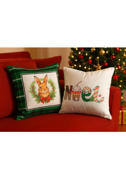 Çift Tarafı Baskılı Candy Christmas Desenli 2'li Set Kadife Kırlent Kılıfı Yılbaşı - Noel fiyatları