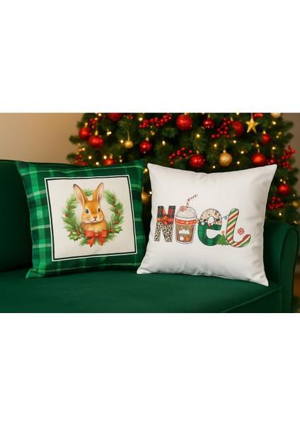 Çift Tarafı Baskılı Candy Christmas Desenli 2'li Set Kadife Kırlent Kılıfı Yılbaşı - Noel modelleri