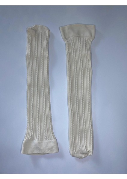 Knıt Kabartma Triko 200 Den Örgü Desenli Kalın Kışlık Krem Dizaltı Pantolon Çorabı