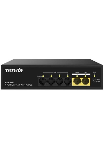 Tenda S106PC 6-Portlu 10/100 Mbps Lite Poe Uplink Switch (4 Port Poe Destekli 55W Toplam Güç)
